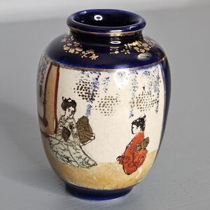 Vintage Minature Japanese Vase with 2 Women Blue & Cream with Gold Accents 2.75"